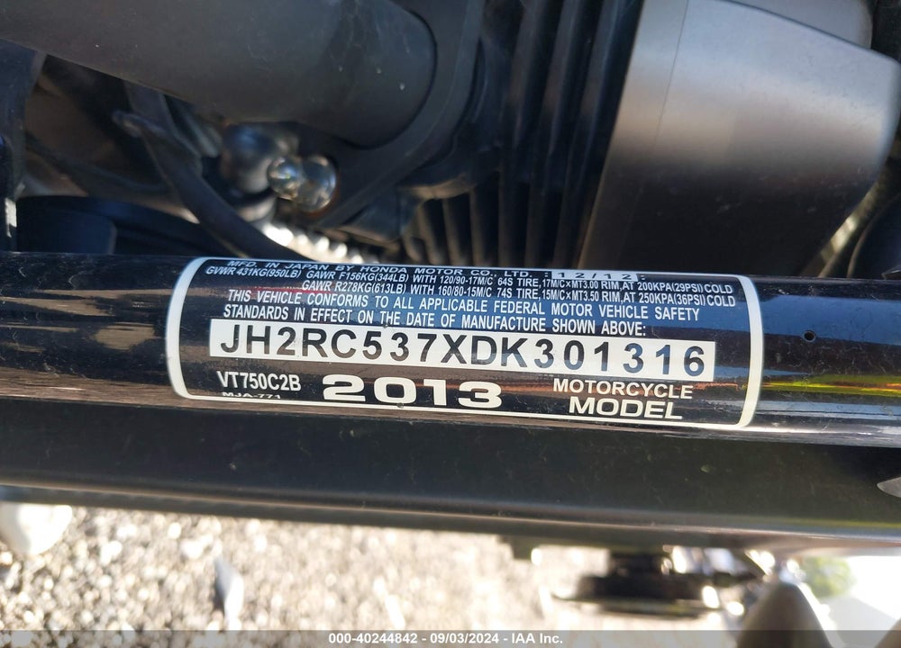 2013 HONDA VT750 C2B VIN: JH2RC537XDK301316