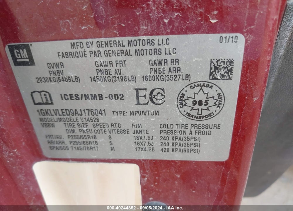 2010 GMC ACADIA SLE VIN: 1GKLVLED9AJ176041
