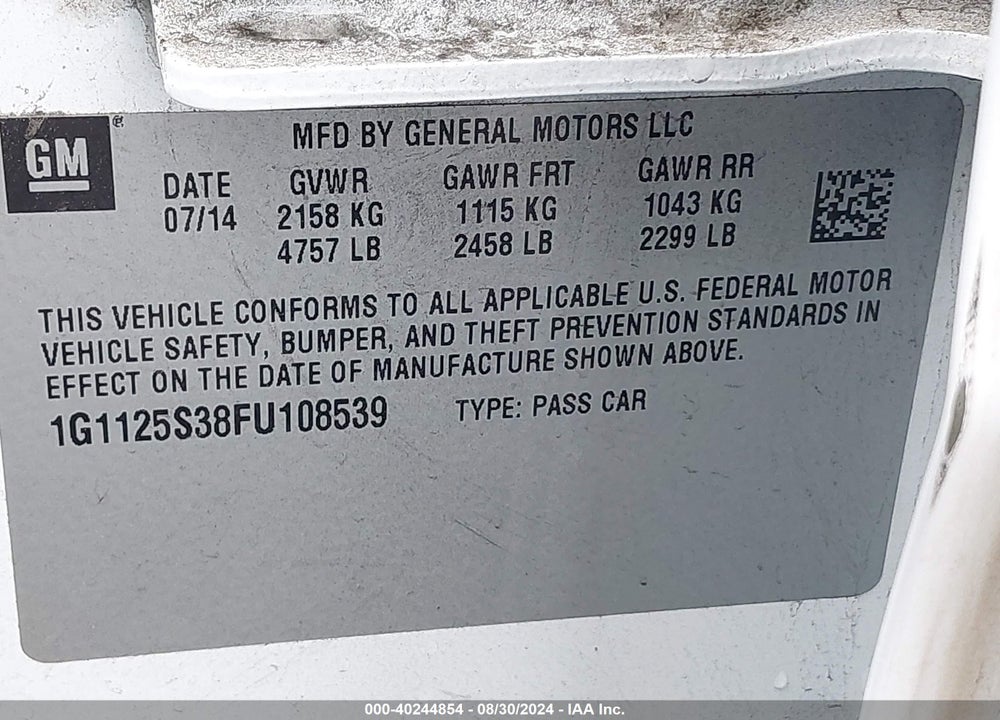 2015 CHEVROLET IMPALA 2LT VIN: 1G1125S38FU108539