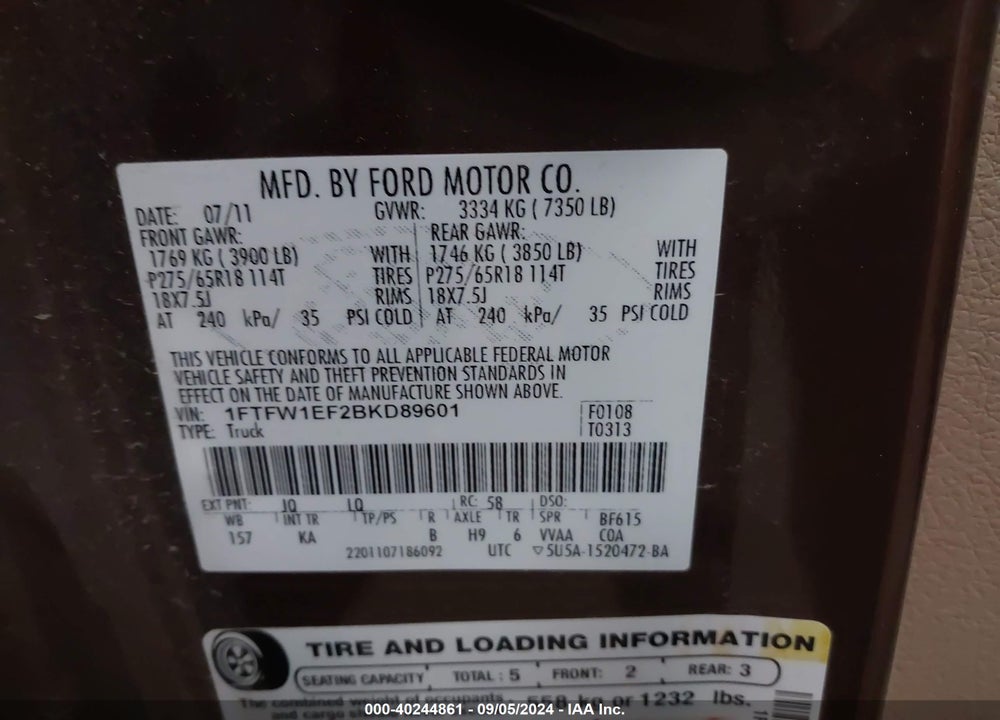 2011 FORD F-150 KING RANCH VIN: 1FTFW1EF2BKD89601