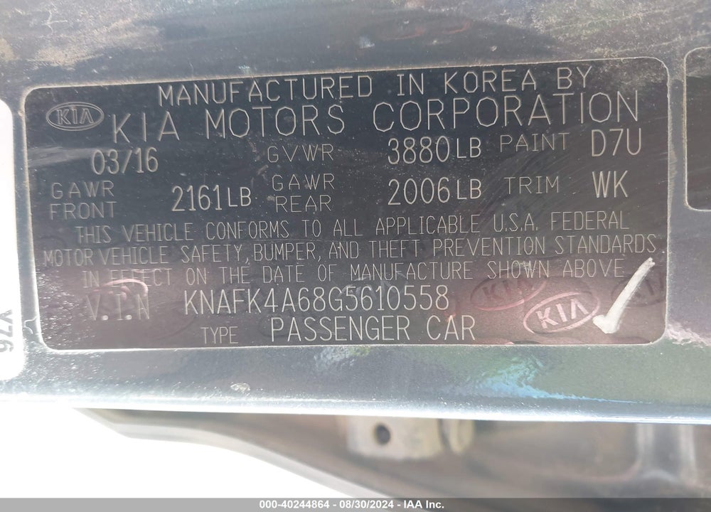2016 KIA FORTE LX VIN: KNAFK4A68G5610558
