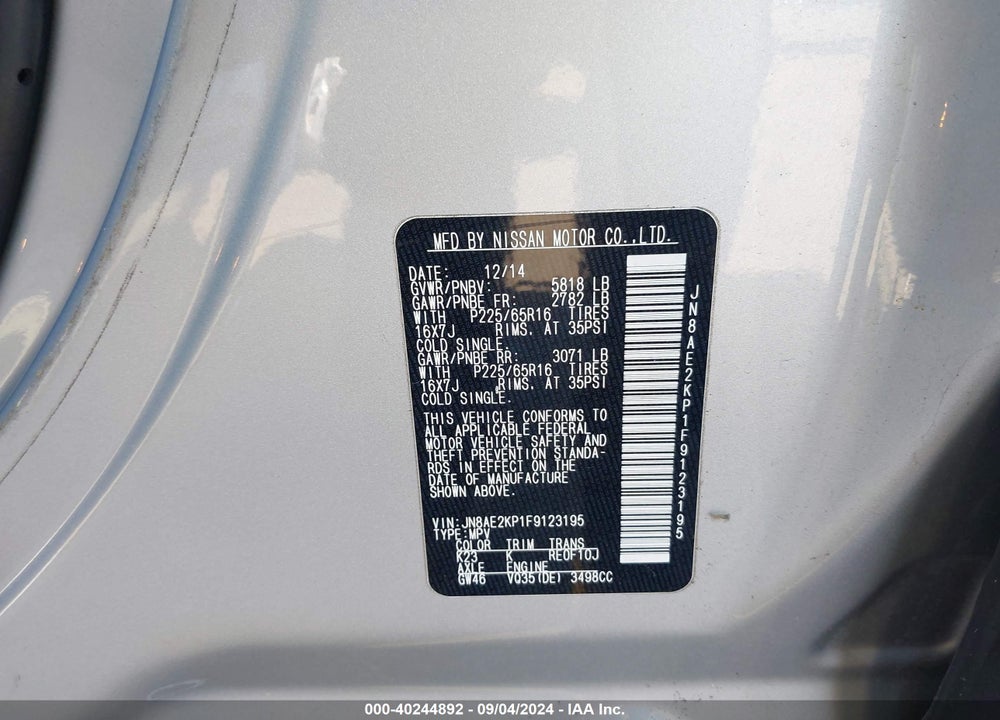 2015 NISSAN QUEST VIN: JN8AE2KP1F9123195