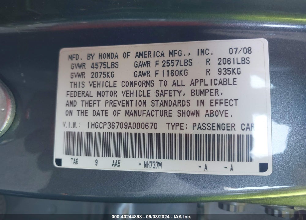 2009 HONDA ACCORD 3.5 EX VIN: 1HGCP36709A000670