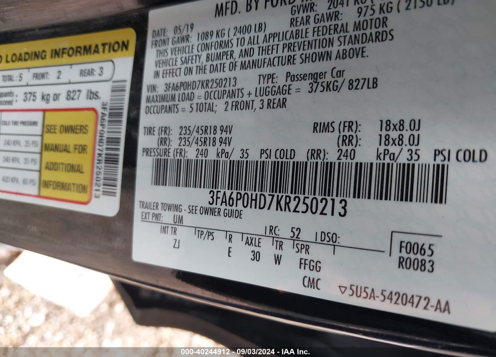 2019 FORD FUSION SE VIN: 3FA6P0HD7KR250213