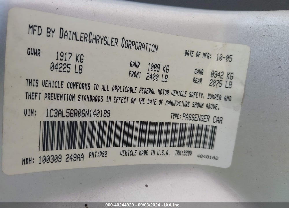 2006 CHRYSLER SEBRING TOURING VIN: 1C3AL56R06N140189
