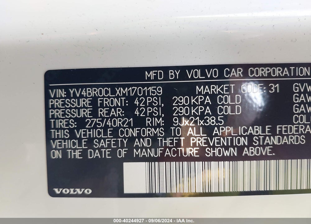 2021 VOLVO XC90 RECHARGE PLUG-IN HYBRID T8 INSCRIPTION 7 PASSENGER VIN: YV4BR0CLXM1701159
