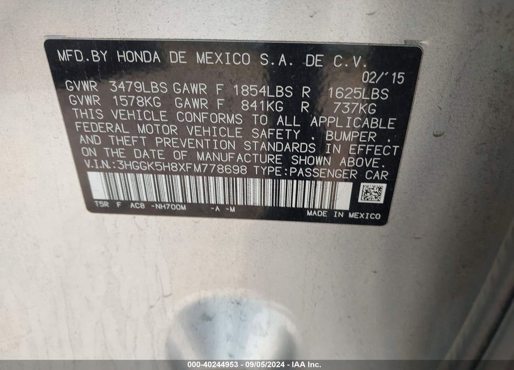 2015 HONDA FIT EX/EX-L VIN: 3HGGK5H8XFM778698