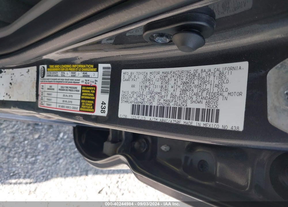 2011 TOYOTA TACOMA BASE V6 VIN: 3TMMU4FN4BM037195