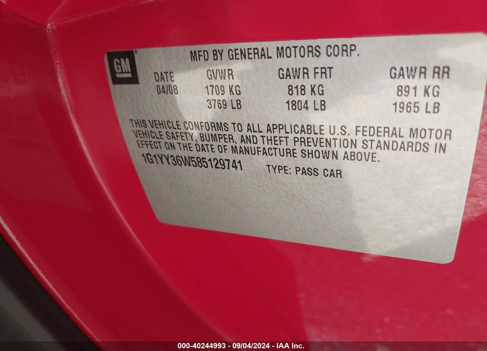 2008 CHEVROLET CORVETTE VIN: 1G1YY36W585129741