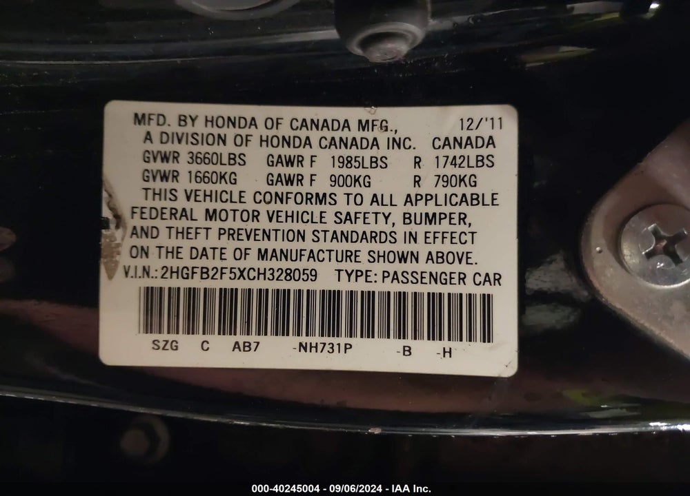 2012 HONDA CIVIC LX VIN: 2HGFB2F5XCH328059
