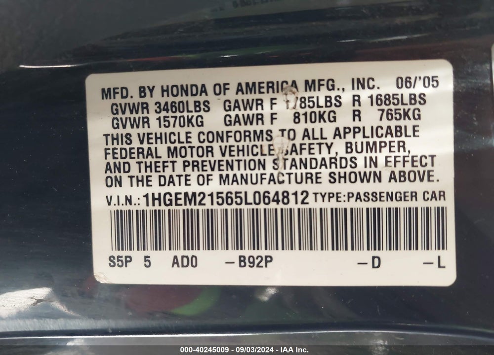 2005 HONDA CIVIC LX VIN: 1HGEM21565L064812