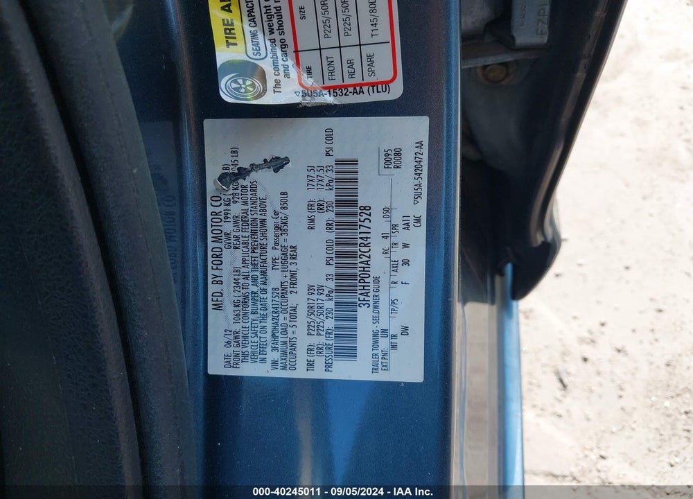 2012 FORD FUSION SE VIN: 3FAHP0HA2CR417528