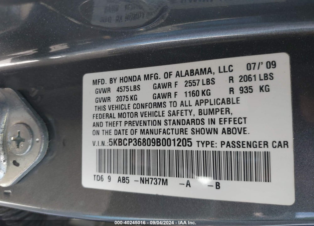 2009 HONDA ACCORD 3.5 EX-L VIN: 5KBCP36809B001205