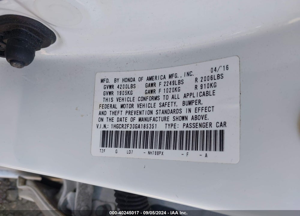 2016 HONDA ACCORD LX VIN: 1HGCR2F30GA185351