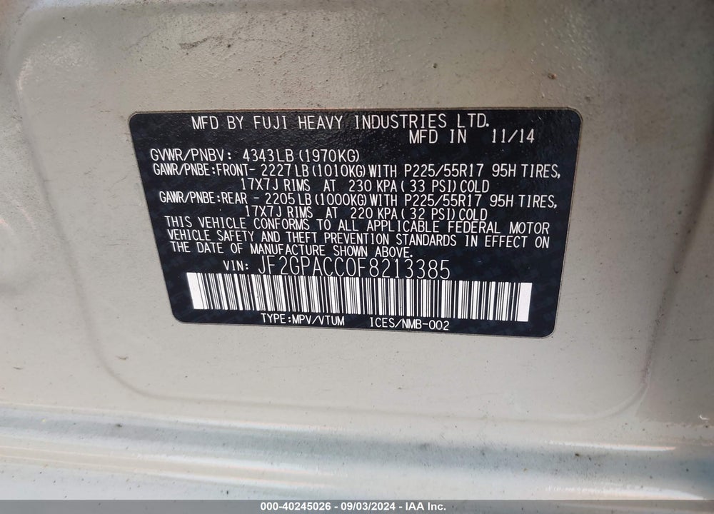 2015 SUBARU XV CROSSTREK 2.0I PREMIUM VIN: JF2GPACC0F8213385
