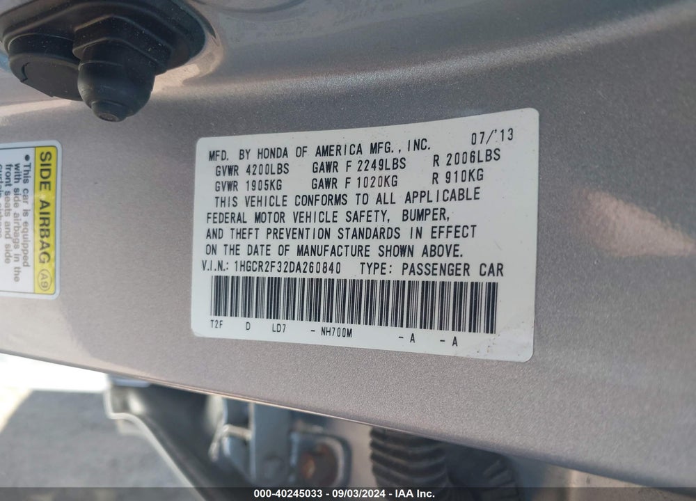 2013 HONDA ACCORD LX VIN: 1HGCR2F32DA260840