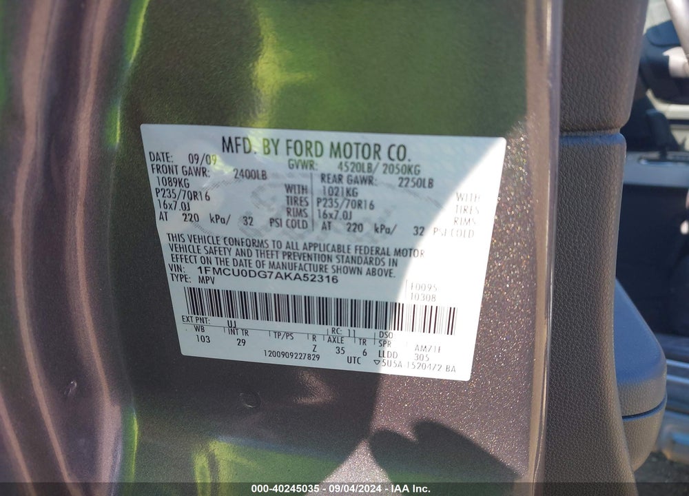 2010 FORD ESCAPE XLT VIN: 1FMCU0DG7AKA52316