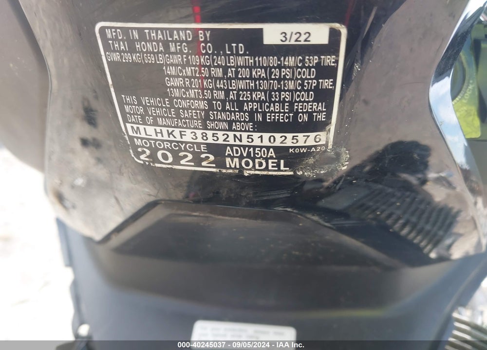 2022 HONDA ADV150 A VIN: MLHKF3852N5102576