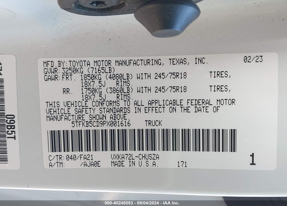 2023 TOYOTA TUNDRA VIN: 5TFKB5CD9PX001616