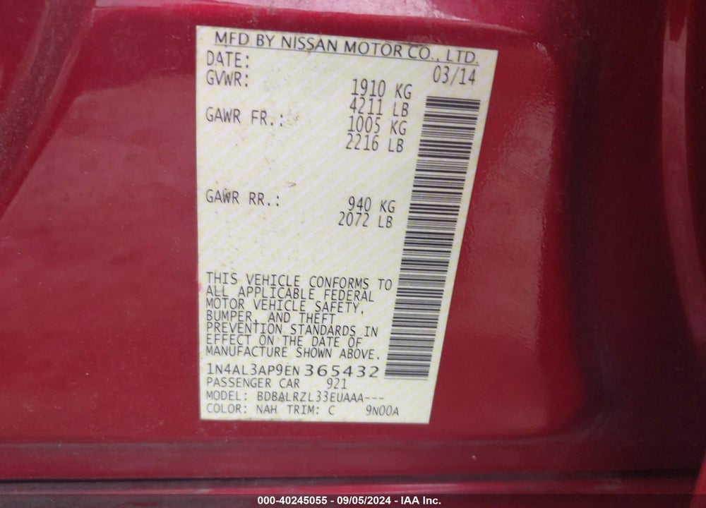 2014 NISSAN ALTIMA 2.5 S VIN: 1N4AL3AP9EN365432