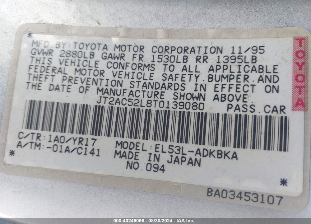 1996 TOYOTA TERCEL STD/DX VIN: JT2AC52L8T0139080