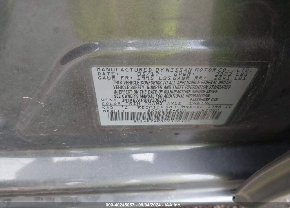 2017 NISSAN SENTRA SV VIN: 3N1AB7AP8HY338334