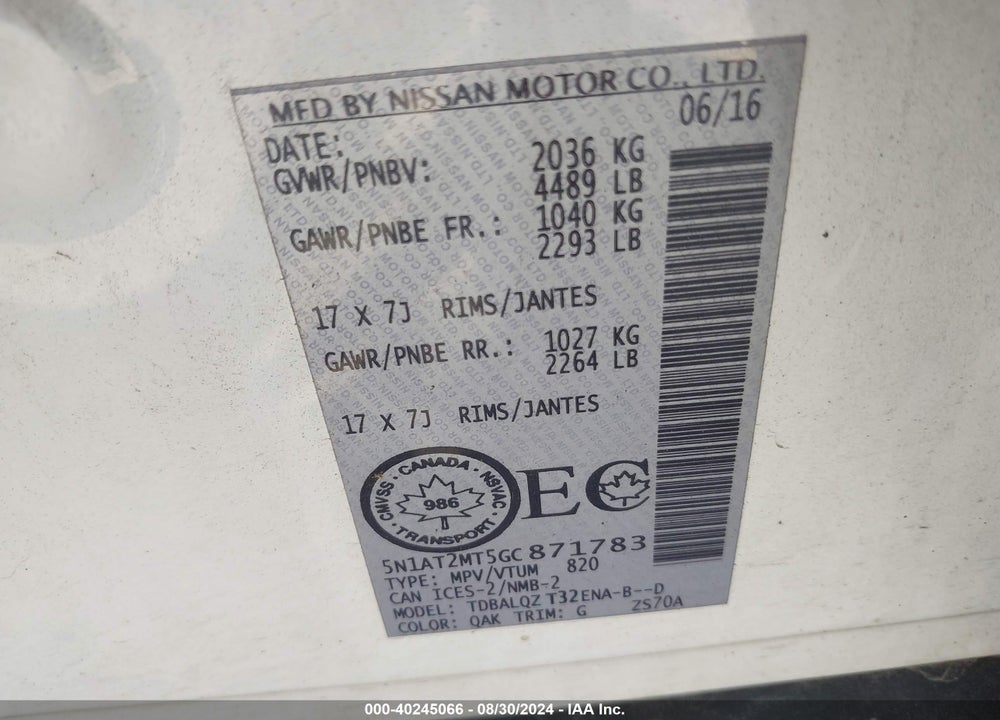 2016 NISSAN ROGUE S/SL/SV VIN: 5N1AT2MT5GC871783
