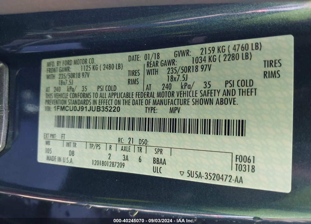 2018 FORD ESCAPE TITANIUM VIN: 1FMCU0J91JUB35220