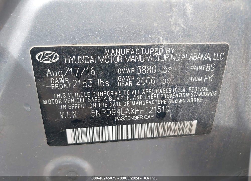 2017 HYUNDAI ELANTRA ECO VIN: 5NPD94LAXHH121510