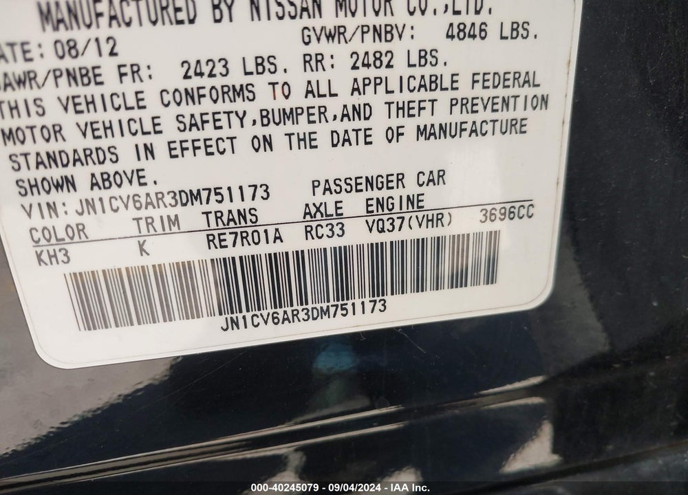 2013 INFINITI G37X VIN: JN1CV6AR3DM751173