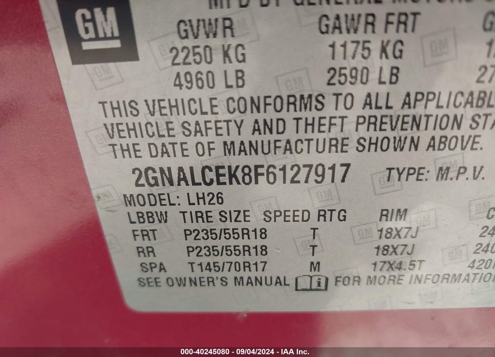 2015 CHEVROLET EQUINOX 2LT VIN: 2GNALCEK8F6127917