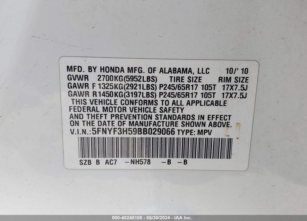 2011 HONDA PILOT EX-L VIN: 5FNYF3H59BB029066