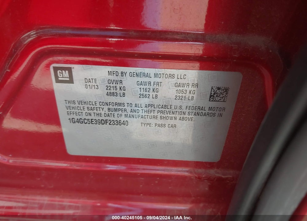 2013 BUICK LACROSSE LEATHER GROUP VIN: 1G4GC5E39DF233640