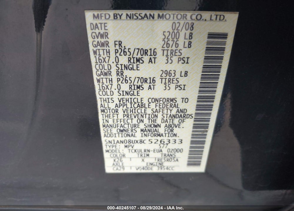 2008 NISSAN XTERRA S VIN: 5N1AN08UX8C526333