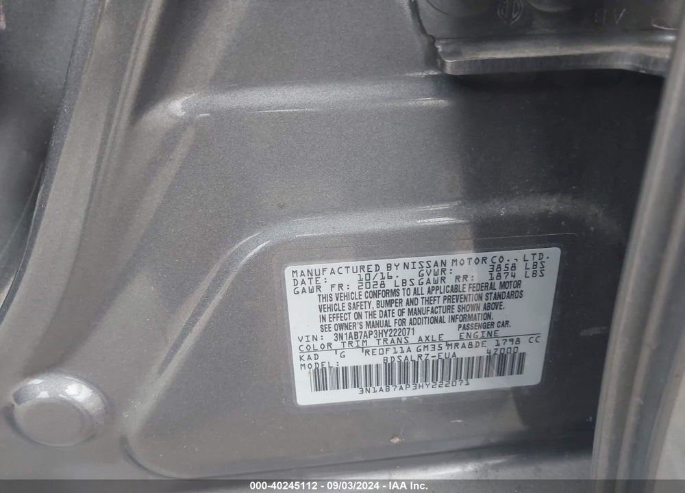 2017 NISSAN SENTRA SR VIN: 3N1AB7AP3HY222071