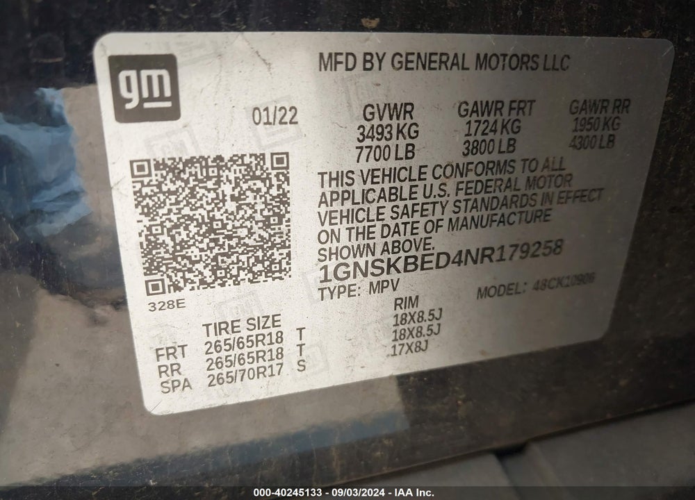 2022 CHEVROLET SUBURBAN 4WD LS VIN: 1GNSKBED4NR179258