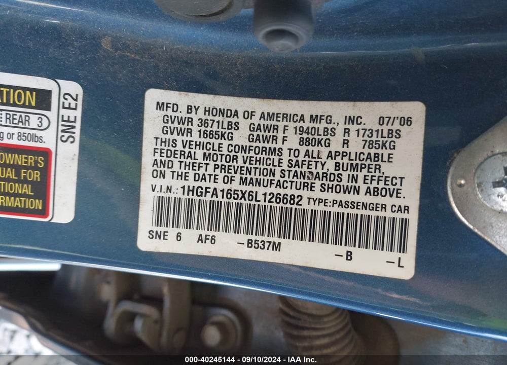 2006 HONDA CIVIC LX VIN: 1HGFA165X6L126682