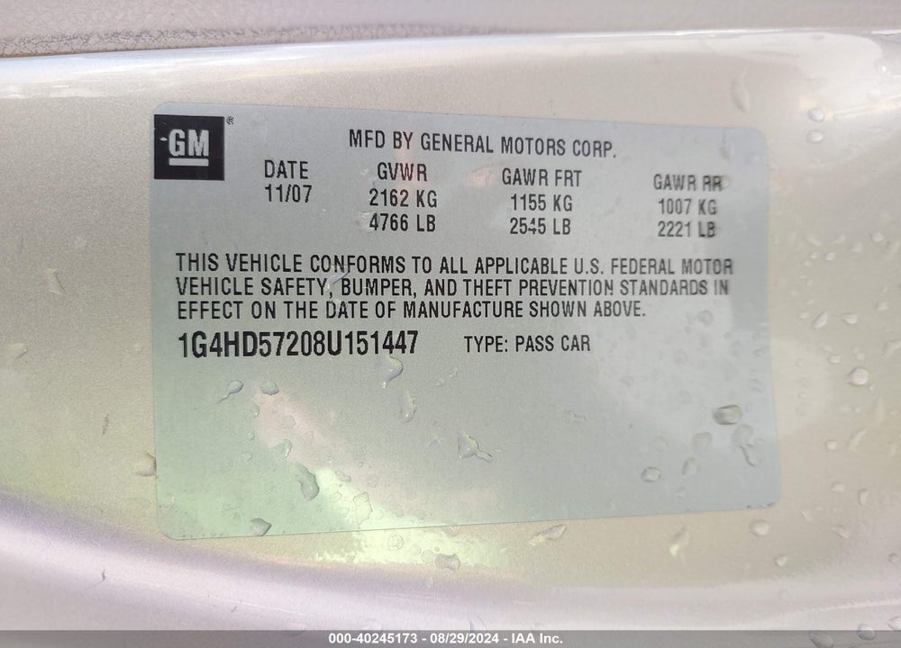 2008 BUICK LUCERNE VIN: 1G4HD57208U151447