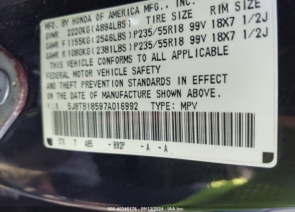 2007 ACURA RDX VIN: 5J8TB18597A016992
