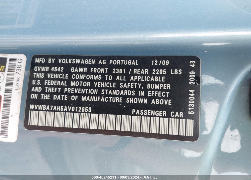 2010 VOLKSWAGEN EOS KOMFORT VIN: WVWBA7AH5AV012653