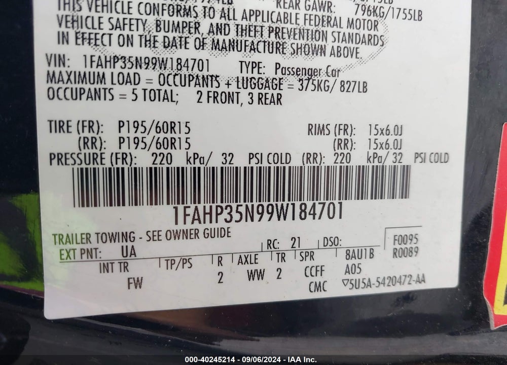 2009 FORD FOCUS SE VIN: 1FAHP35N99W184701