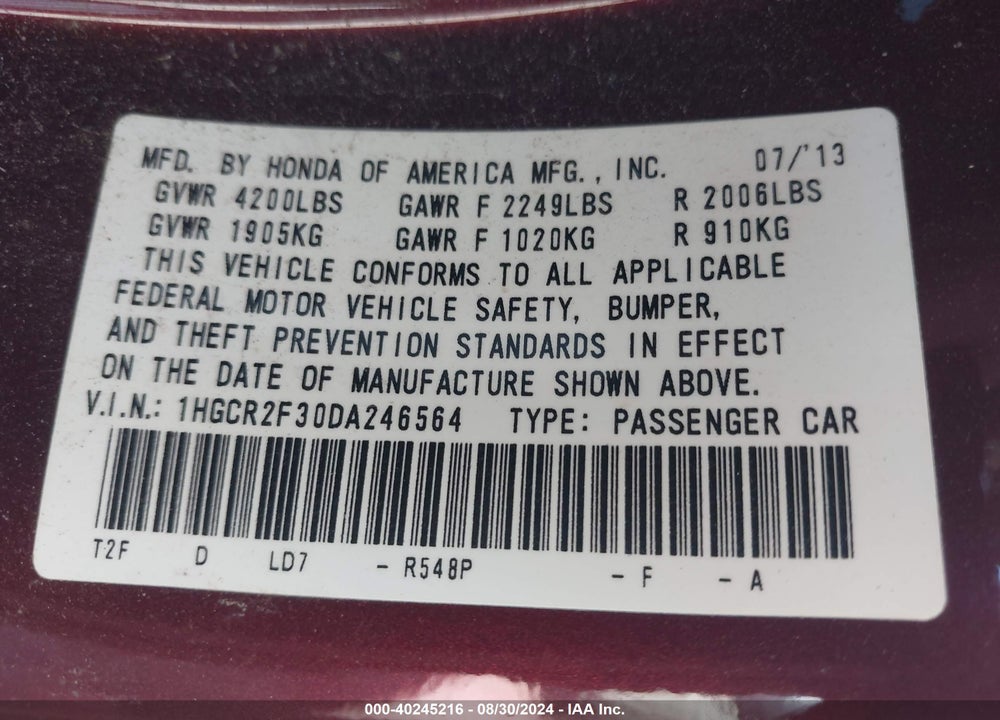 2013 HONDA ACCORD LX VIN: 1HGCR2F30DA246564