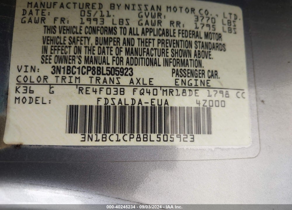 2011 NISSAN VERSA 1.8S VIN: 3N1BC1CP8BL505923