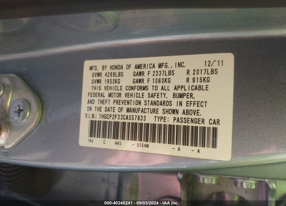 2012 HONDA ACCORD 2.4 LX VIN: 1HGCP2F33CA057833
