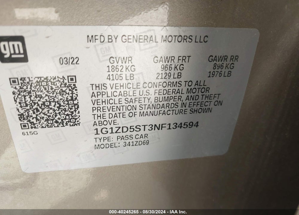 2022 CHEVROLET MALIBU FWD LT VIN: 1G1ZD5ST3NF134594