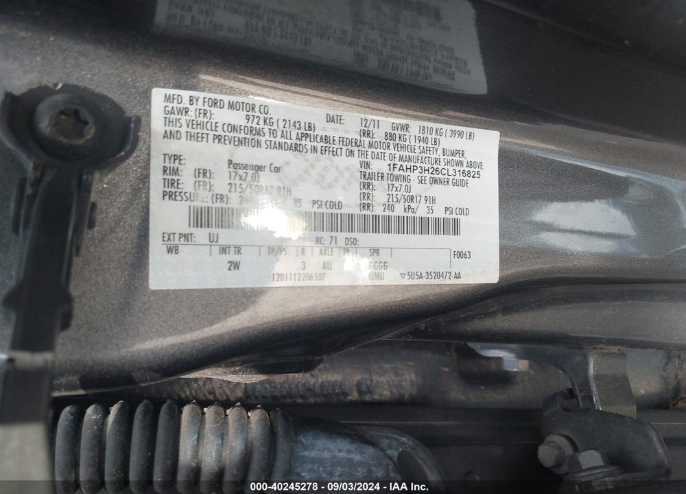 2012 FORD FOCUS SEL VIN: 1FAHP3H26CL316825