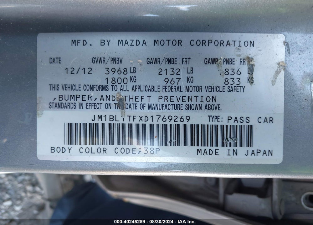 2013 MAZDA 3 I SV VIN: JM1BL1TFXD1769269