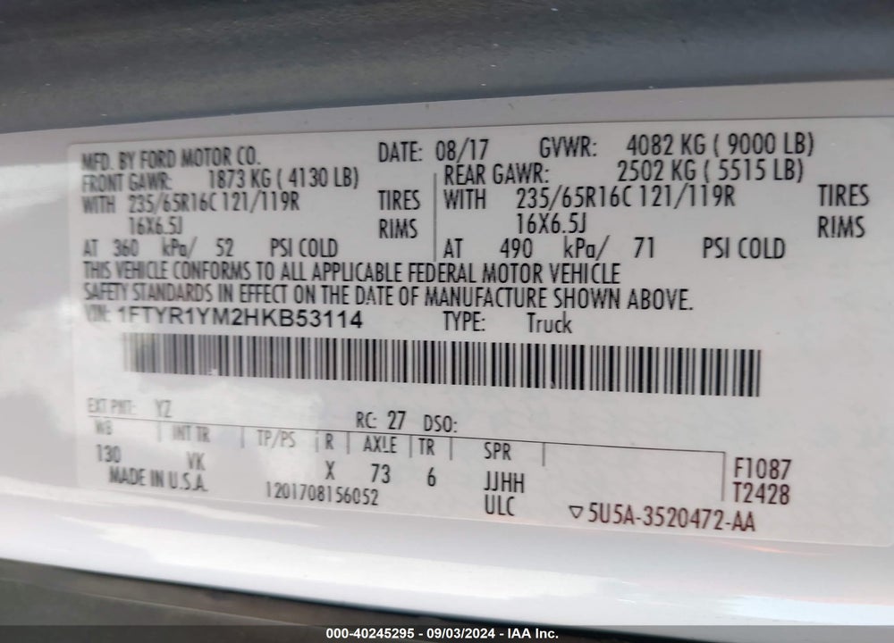 2017 FORD TRANSIT-250 VIN: 1FTYR1YM2HKB53114