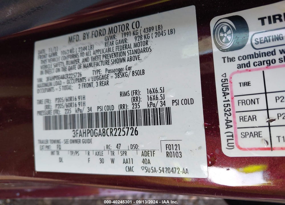 2012 FORD FUSION S VIN: 3FAHP0GA8CR225726