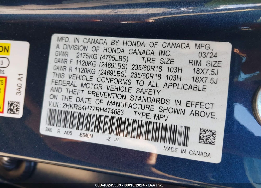 2024 HONDA CR-V EX-L AWD VIN: 2HKRS4H77RH474683